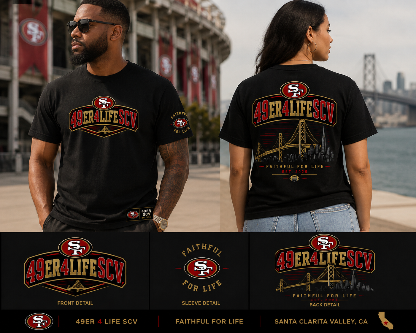 49er 4 Life SCV Welcome T-Shirt shown front and back